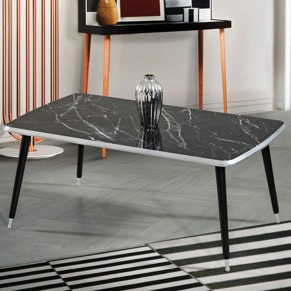 60x100 cm Lüx Ayaklı Orta Sehpa Siyah Mermer Gümüş Kenarlı A6 - 2