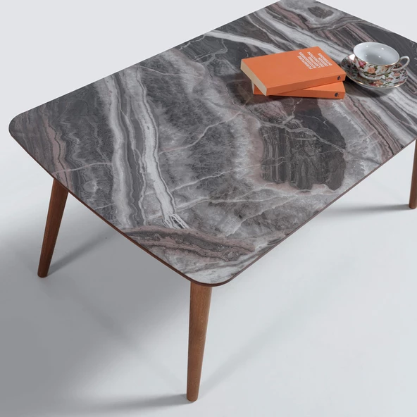 60x100 cm Ahşap Ayaklı Orta Sehpa Bej Mermer A5 - 2