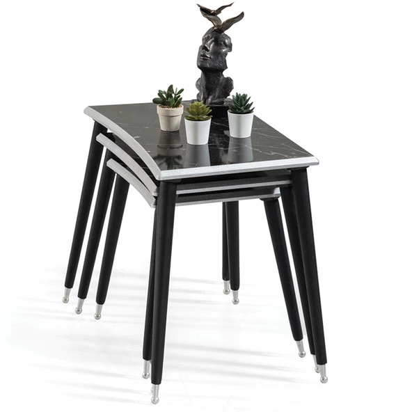 3'Lü Siyah Mermer Dikdörtgen Ahşap Zigon Gümüş Kenarlı Sehpa Lüx Ayaklı E6 - 3