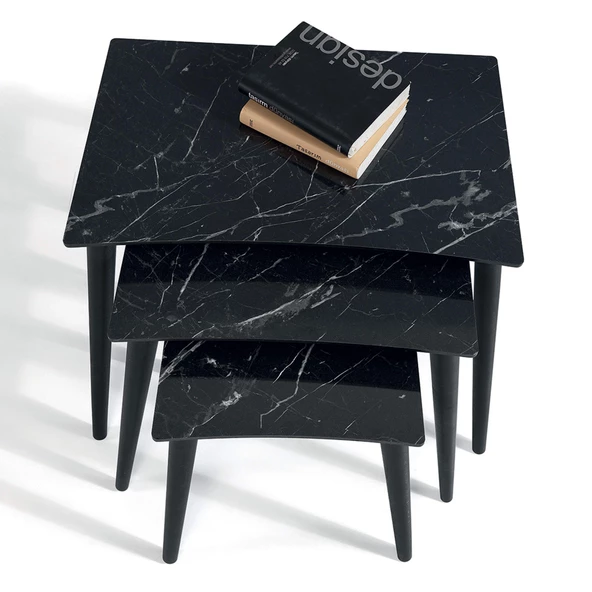 3'Lü Siyah Mermer Dikdörtgen Ahşap Zigon Sehpa E4 - 2