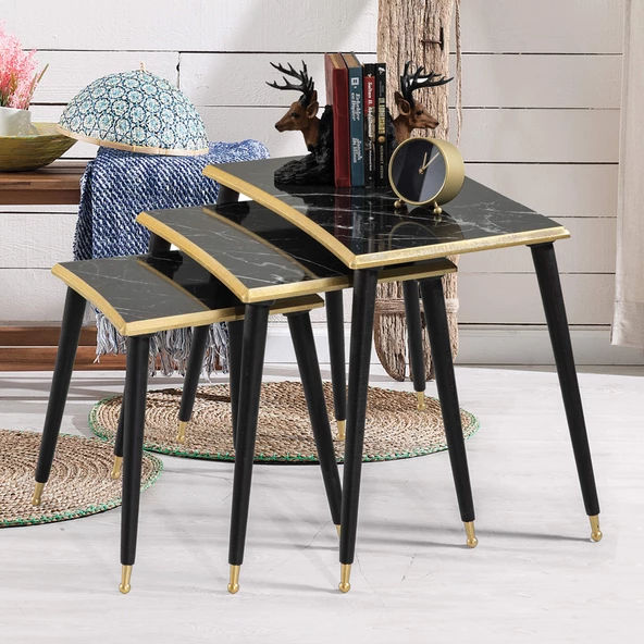 3'Lü Siyah Mermer Dikdörtgen Ahşap Zigon Altın Kenarlı Sehpa Lüx Ayaklı E7 - 2