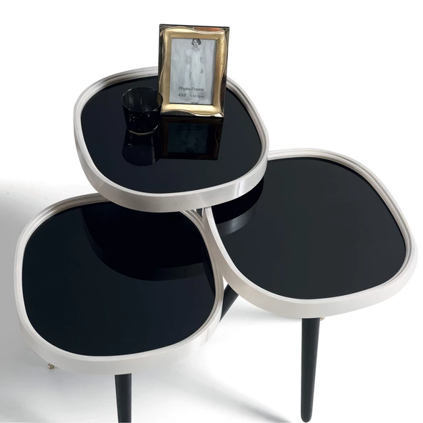 3'Lü Siyah Aynalı Yuvarlak Zigon Sehpa Gümüş Çerçeveli Ahşap Lüx Ayaklı D2 - 2