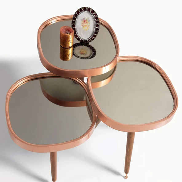 3'Lü Siyah Aynalı Yuvarlak Zigon Sehpa Ceviz Çerçeveli Ahşap Lüx Ayaklı D3 - 2