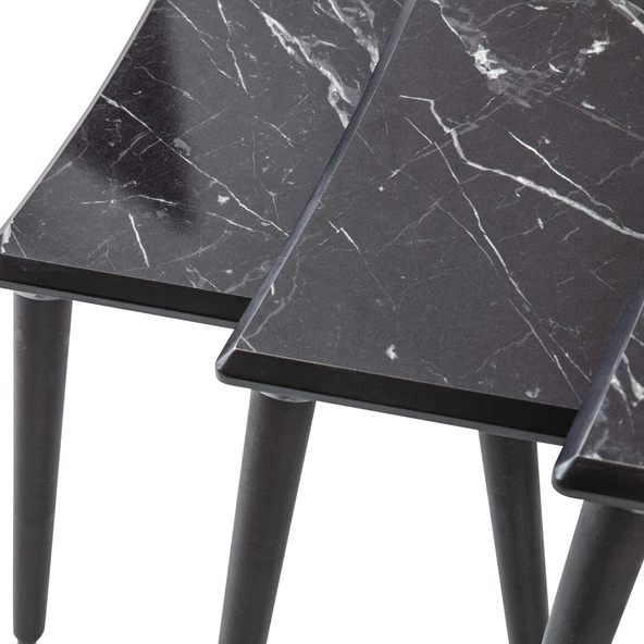 3'Lü Siyah Mermer Dikdörtgen Ahşap Zigon Sehpa Siyah Lüx Ayaklı E11 - 3