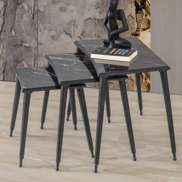 3'Lü Siyah Mermer Dikdörtgen Ahşap Zigon Sehpa Siyah Lüx Ayaklı E11 - 2