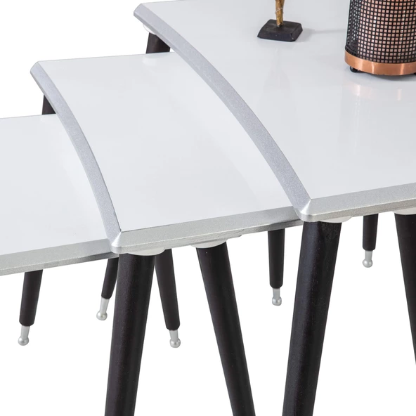 3'Lü Beyaz Dikdörtgen Ahşap Zigon Sehpa Siyah Lüx Ayaklı E13 - 3