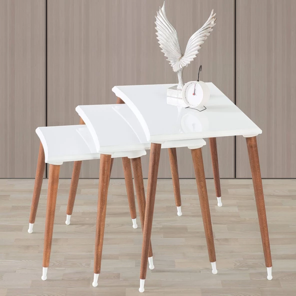 3'Lü Beyaz Dikdörtgen Ahşap Zigon Sehpa Kahve Lüx Ayaklı E12 - 2