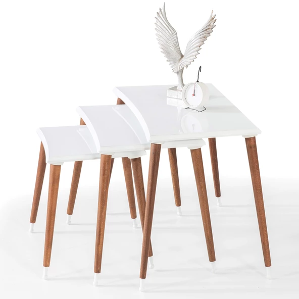 3'Lü Beyaz Dikdörtgen Ahşap Zigon Sehpa Kahve Lüx Ayaklı E12