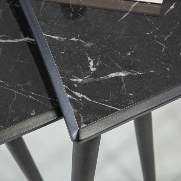 3'Lü Siyah Mermer Dikdörtgen Ahşap Zigon Sehpa Siyah Lüx Ayaklı E11 - 4