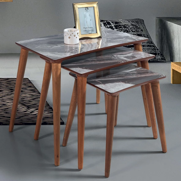 3'Lü Bej Mermer Dikdörtgen Ahşap Zigon Sehpa E5 - 2