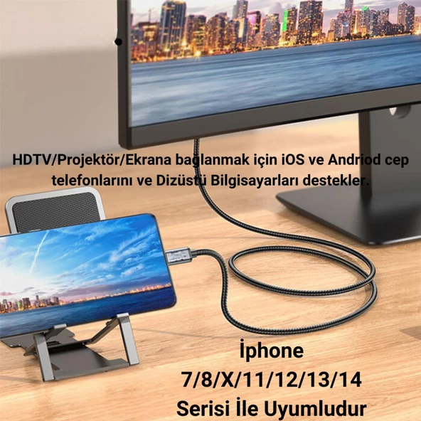 Polham 2 Metre 60Hz 4K İphone Lightning to HDMI Görüntü Aktarım Kablosu, İphone 7/8/X/11/12/13/14 Serisi İle Uyumulu - 2
