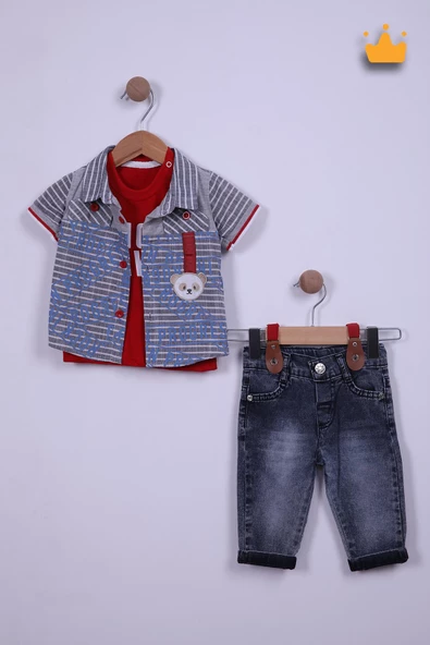Babyhola 3'lü Ayılı Gömlek Tişört Kapri Erkek Bebek Çocuk Bayramlık Alt Üst Takım 1089 - 2