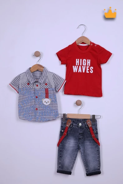 Babyhola 3'lü Ayılı Gömlek Tişört Kapri Erkek Bebek Çocuk Bayramlık Alt Üst Takım 1089