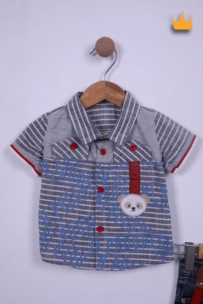 Babyhola 3'lü Ayılı Gömlek Tişört Kapri Erkek Bebek Çocuk Bayramlık Alt Üst Takım 1089 - 5