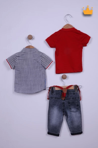 Babyhola 3'lü Ayılı Gömlek Tişört Kapri Erkek Bebek Çocuk Bayramlık Alt Üst Takım 1089 - 3