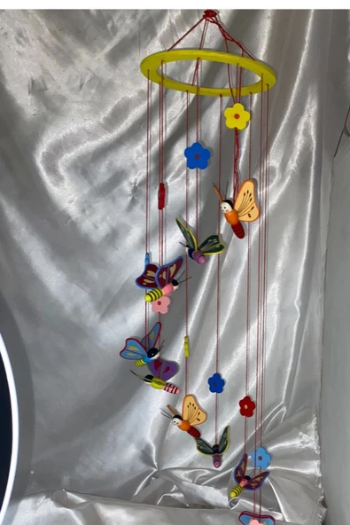 Deprem Çanı Rüzgar Zili Feng Shui Koruyucu Ahşap El İşi Çocuk Odası Kelebek - Resim 4