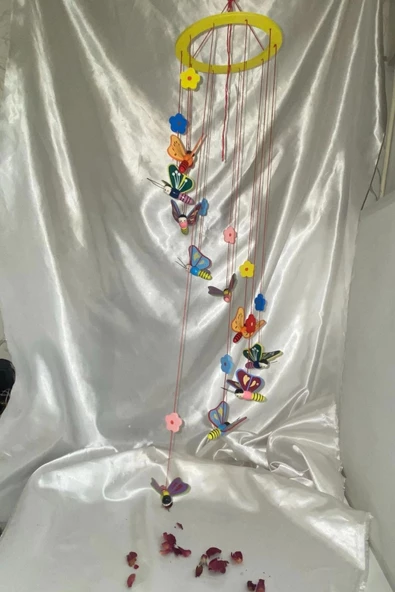 Deprem Çanı Rüzgar Zili Feng Shui Koruyucu Ahşap El İşi Çocuk Odası Kelebek - Resim 3