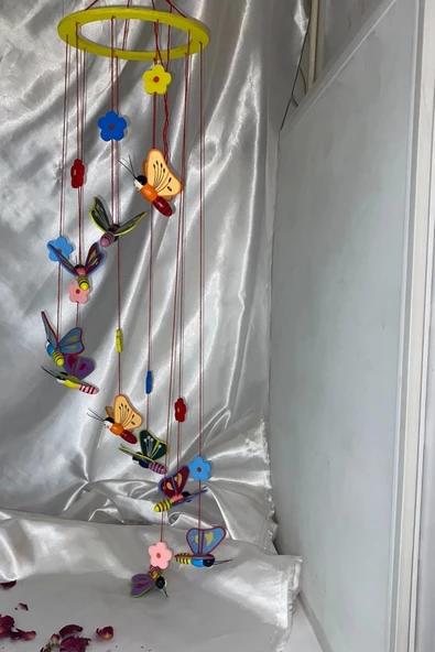 Deprem Çanı Rüzgar Zili Feng Shui Koruyucu Ahşap El İşi Çocuk Odası Kelebek - Resim 5
