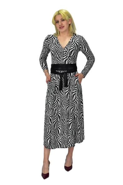 Kadın Viskon Zebra Desenli  V Yaka Elbise BGL-ST03535 - 2