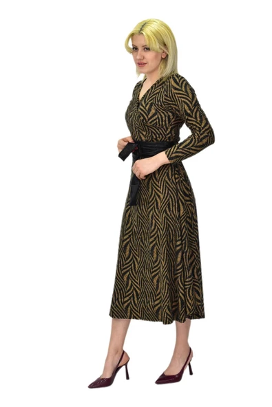 Kadın Viskon Zebra Desenli  V Yaka Elbise BGL-ST03535 - 7