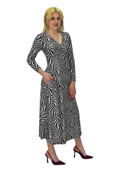 Kadın Viskon Zebra Desenli  V Yaka Elbise BGL-ST03535 - 4