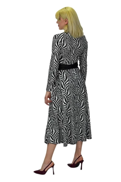 Kadın Viskon Zebra Desenli  V Yaka Elbise BGL-ST03535 - 10