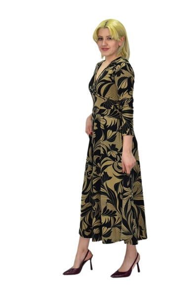 Kadın Viskon Çiçekli V Yaka Elbise BGL-ST03534 - Resim 4