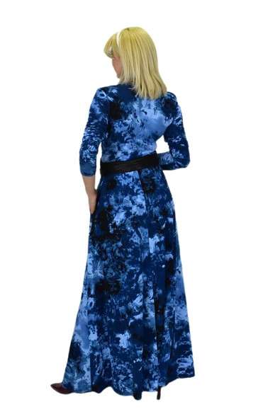 Kadın Mavi Desenli V Yaka Elbise BGL-ST03543 - Resim 6