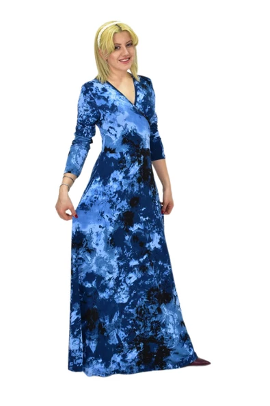 Kadın Mavi Desenli V Yaka Elbise BGL-ST03543 - Resim 3