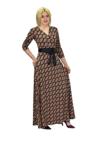 Kadın Viskon F Desenli V Yaka Elbise BGL-ST03542 - Resim 3