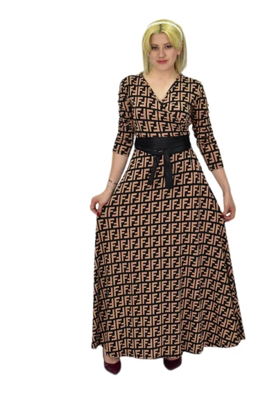 Kadın Viskon F Desenli V Yaka Elbise BGL-ST03542 - Resim 4