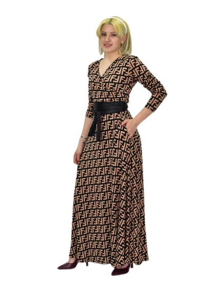 Kadın Viskon F Desenli V Yaka Elbise BGL-ST03542 - Resim 6