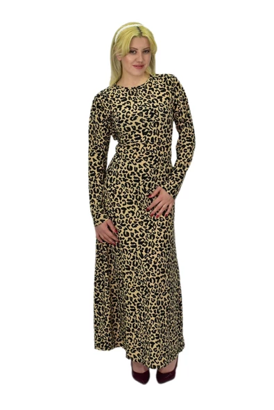 Kadın Leopar Desen Krep O Yaka Elbise BGL-ST03539 - Resim 2