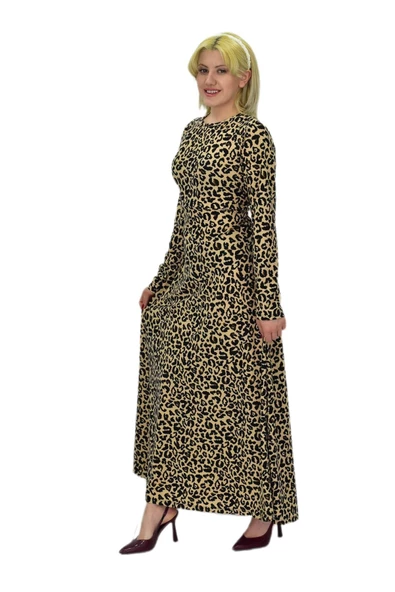 Kadın Leopar Desen Krep O Yaka Elbise BGL-ST03539 - Resim 8