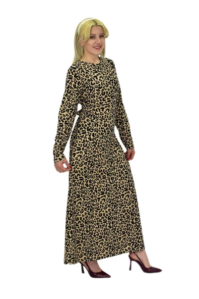 Kadın Leopar Desen Krep O Yaka Elbise BGL-ST03539 - Resim 4