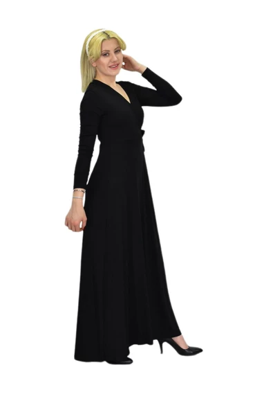 Kadın Viskon Siyah V Yaka Elbise BGL-ST03540 - Resim 4