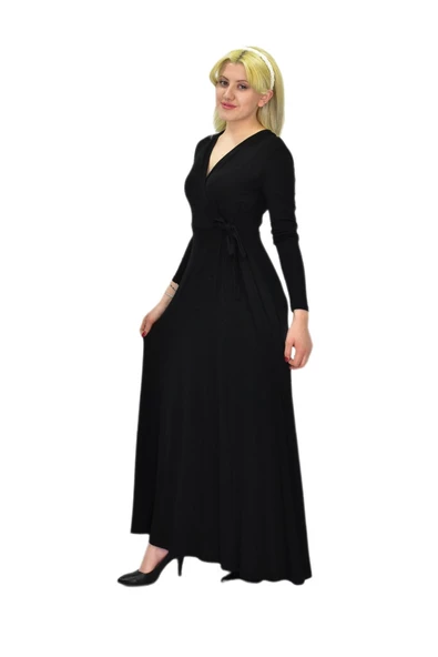 Kadın Viskon Siyah V Yaka Elbise BGL-ST03540 - Resim 6