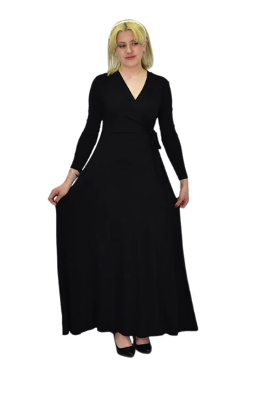 Kadın Viskon Siyah V Yaka Elbise BGL-ST03540 - Resim 7