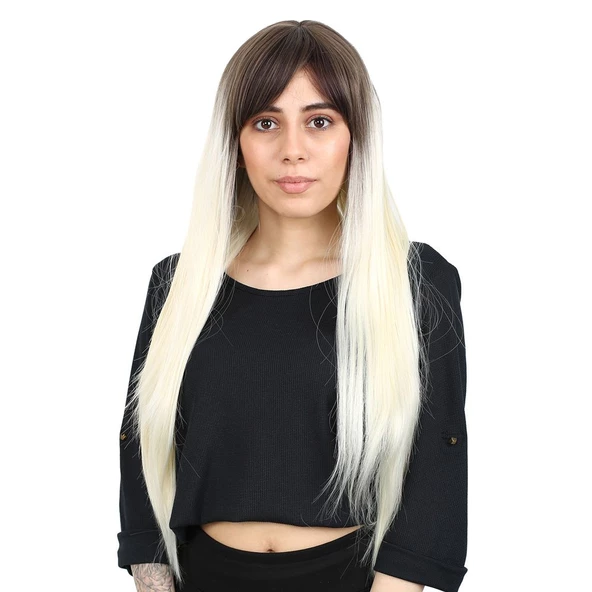Fiber Sentetik Uzun Düz Kahküllü Peruk - Küllü Açık Kahve / Platin Ombreli H9630-8F613-PM-14X