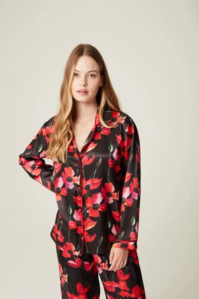 Saten Pijama Takım Raine Red Flower 2'li Takım