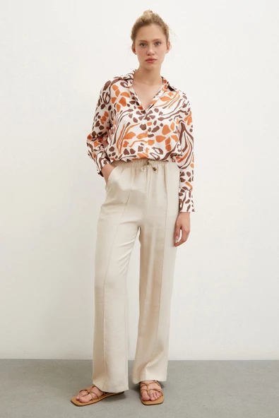 V Yaka Leopar Desen Gömlek Taş - Resim 2