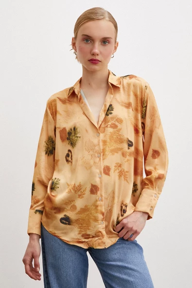 Desenli Saten Gömlek Somon - Resim 5
