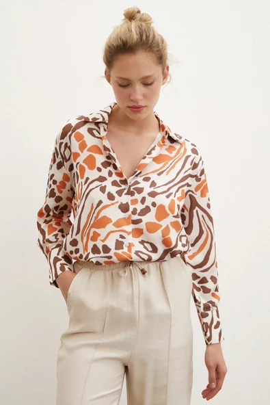 V Yaka Leopar Desen Gömlek Taş - Resim 5