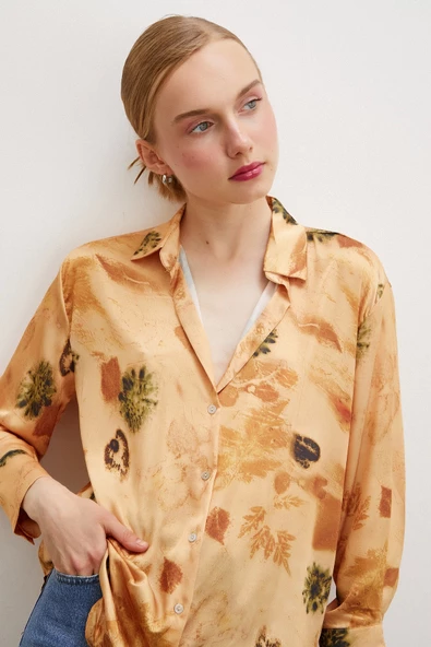 Desenli Saten Gömlek Somon ürün görseli