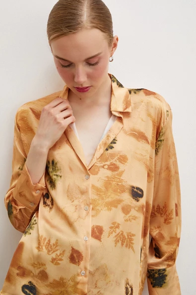 Desenli Saten Gömlek Somon - Resim 6
