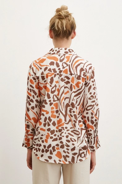 V Yaka Leopar Desen Gömlek Taş - Resim 6