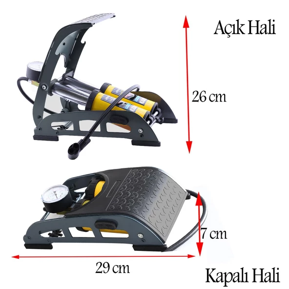 Ayak Tipi Hava Pompası Göstergeli Kilitli Çiftli Hava Depolu Teker Araç Bisiklet Top Pompası - 4