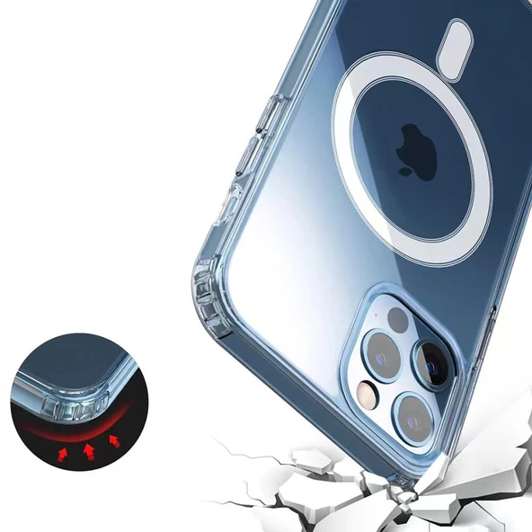 iPhone 13 Mini Uyumlu  Uyumlu KılıfMagsafe Şarj Özellikli Şeffaf Sert PC Embos Kapak - 4