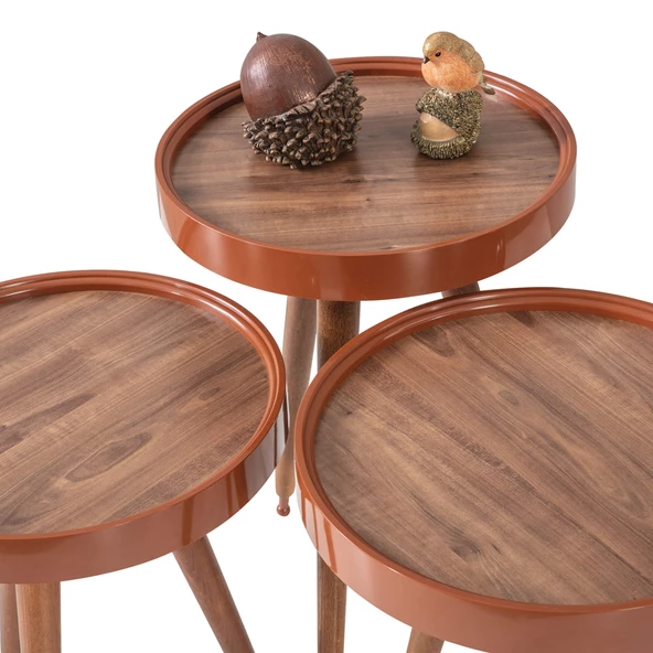 3'Lü Ahşap Yuvarlak Zigon Sehpa Ceviz Polen Lüx Ayaklı C6 - 3