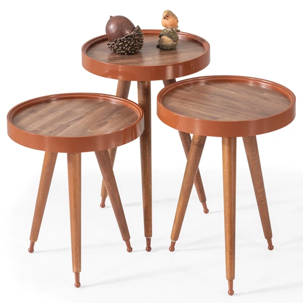 3'Lü Ahşap Yuvarlak Zigon Sehpa Ceviz Polen Lüx Ayaklı C6 - 2